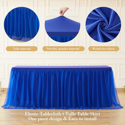 4 Pack 8ft Royal Blue Tulle Tablecloths for Rectangle Tables, 8 Foot Rectangular Table Cloth Wrinkle Free Tablecover with Tutu Skirt for Baby Shower Wedding Birthday Party Banquet Buffet Cake - Image 6
