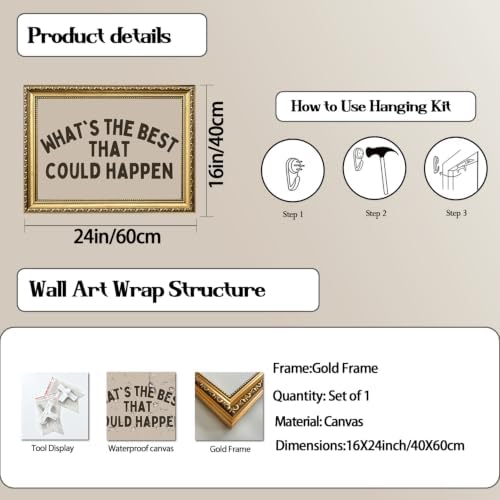 What's the Best That Could Happen Wall Art Minimalist Inspirational Quote Wall Decor Picture Preppy Positive Dorm Sign Poster Canvas Painting Print for Bedroom Living Room 24x16 inch Gold Framed - Image 2