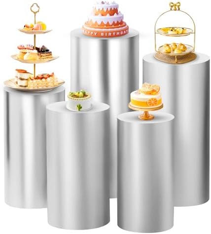 SaitiMade Set of 5 - Silver Cylinder Pedestal Stand Covers by SaitiMade