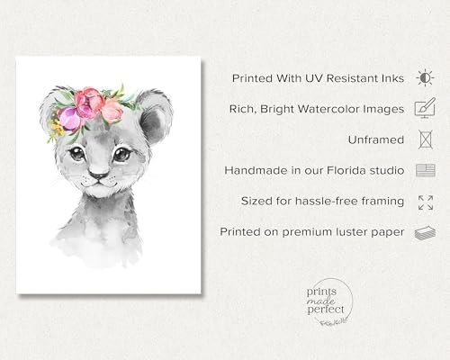 Prints Made Perfect Safari Nursery Wall Art Set - Baby Animal Prints Jungle Theme Decor - Elephant Giraffe Lion Zebra With Pink Flowers- Nursery Wall Decor for Kids Room or Baby Shower Posters - Image 2