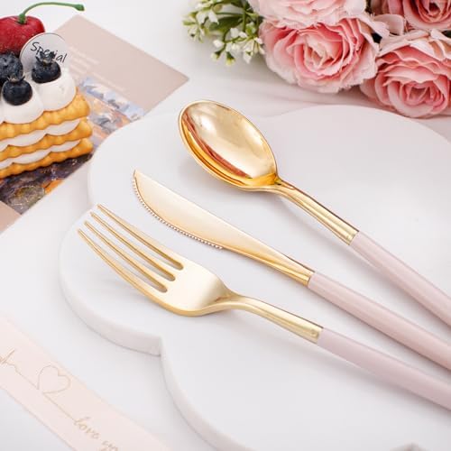 I00000 60 Pcs Pink Plastic Silverware, Fancy Gold Utensils with Pink Handle - Image 2