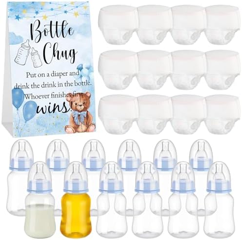 12 Set Bottle Chug Baby Shower Games Favors Change Funny Diaper Game Including Plastic Baby Bottles Chug Disposable Diapers Themed Sign for Gender Reveal Party Supplies (Blue Color,Bear) by Unknown