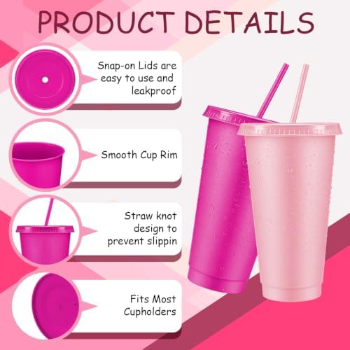 Skylety 24 Pcs Pink Orange Plastic Cups with Lids and Straws 24 oz - Image 3