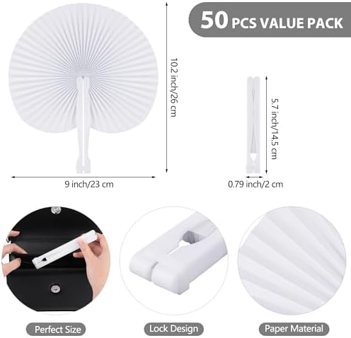 MCEAST 100 Pieces White Party Paper Fans Decorations Folding Fan Handheld Fan Round Shaped Paper Fans with Handle Hand Fans for Wedding Birthday Party Favors - Image 2