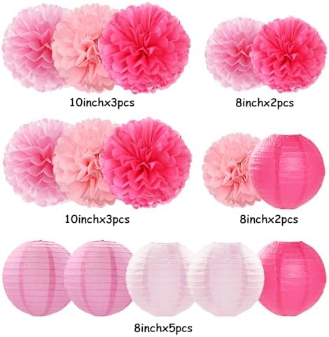 Light-Hot Pink Party-Decorations Paper-Flowers Lanterns - 29pcs Happy Banner Girl Birthday Decor Tissue Pom Poms Streamers, Bridal Baby Shower Wedding Bachelorette Valentine Hanging Supplies Hugfond - Image 7
