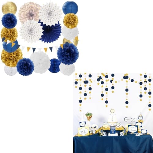 Navy-Blue White Gold Graduation Party-Decorations Fan kit + Paper Garlands Kit by Burgleda