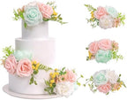 TINGE TIME 3Pcs Pre-made Cake Toppers，Silk Artificial Flowers Decor，Cake Decorations for Weddings, Birthdays, Party,Baby Shower,Celebration (Mint Green and Pink) - Image 2