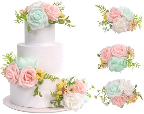 TINGE TIME 3Pcs Pre-made Cake Toppers，Silk Artificial Flowers Decor，Cake Decorations for Weddings, Birthdays, Party,Baby Shower,Celebration (Mint Green and Pink) - Image 2