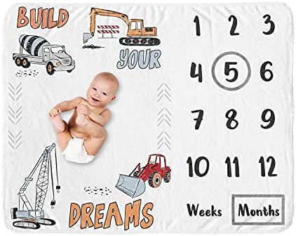 Sweet Jojo Designs Construction Truck Boy Milestone Blanket Monthly Newborn First Year Growth Mat Baby Shower Memory Keepsake Gift Picture - Grey Yellow Orange Red Blue Transportation Chevron Arrow by SweetJojoDesigns