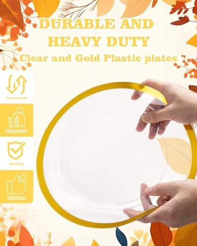 YOUBET 210PCS Gold Plastic Plates - Heavy Duty Clear Gold Disposable Plates Includes 30 Dinner Plate, 30 Dessert Plate, 30 Gold Cups, 30 Napkins for Party & Wedding - Image 3