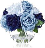 WELL KNOWN Silk Rose Artificial Flowers with Vase Artificial Rose Flower Arrangements in Round Bowl Vase with Faux Water for Home Table Decoration (Bicolor Blue) by WELLKNOWN