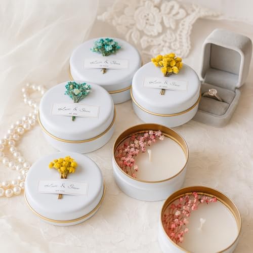 Personalized Natural Soy Wax Wedding Favor Candle Gift Set for Guest - Fall Winter Christmas Custom Dried Flower Bridal Baby Shower Gifts in Bulk (50 Pieces, Yellow Flower) - Image 6