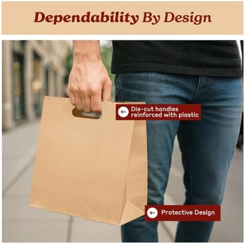 Natural Brown Kraft Paper Bags with Die Cut Handles - 11" x 6" x 11" - Image 3