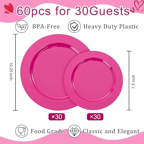 FLOWERCAT 60PCS Hot Pink Disposable Party Plates Set – 30 pcs 10.25″ Dinner Plates & 30 pcs 7.5″ Dessert Plates for Spring Parties, Valentine’s Day, Wedding – Sturdy & Stylish Tableware - Image 2