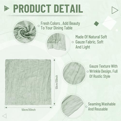 Cupuamon 50 Pack Cheesecloth Napkins 20x20 Inch Dinner Table Napkins Boho Washable Rustic Gauze Napkins Bulk for Wedding Bridal Baby Shower Party Decor (Sage Green) - Image 2