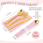 Lasnten 50 Guest Sets Pre Rolled Gold Plastic Silverware with Pink Napkins - Image 2