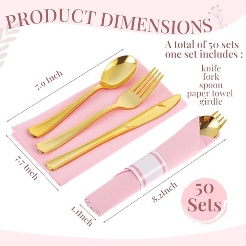 Lasnten 50 Guest Sets Pre Rolled Gold Plastic Silverware with Pink Napkins - Image 2