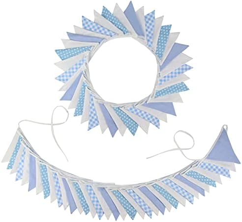 Zwiebeco 32Ft Blue White Plaid Dot Fabric Bunting Banner Triangle Flags Cotton Garland Pennant for Birthday Wedding Baby Shower Engagement Tea Party Classroom Nursery Home Outdoor Garden Decorations by Zwiebeco