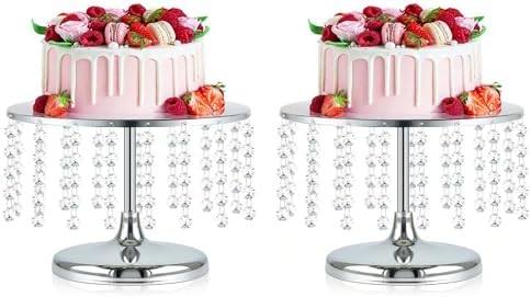 2 Pcs Silver Metal Mirror Cake Stand Set with Crystal Pendants - 11.8"W Elegant Dessert Table Display for Weddings, Birthday Parties, Baby Showers, Events - Sturdy Crystal Bling Cupcake Stands for Pastries, Sweets, Decorations by kehail