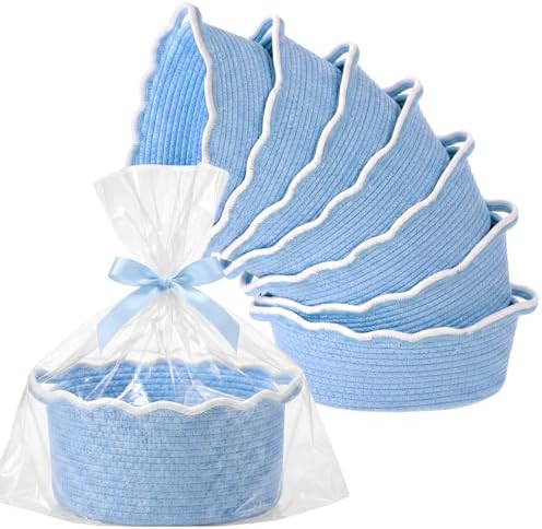 8 Pack Scalloped Small Woven Basket with Gift Bags and Ribbons 12"x 8"x 5" Cotton Rope Storage Organizer with Handles Cute Empty Gift Basket for Nursery Birthday Baby Shower, Blue by Singhoow