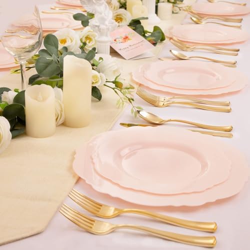 WDF 60pcs Pink Plastic Plates - Baroque Pink Disposable Plates Including 30 Dinner Plates 10.25inch, 30 Dessert Plates 7.5inch for Upscale Wedding/Baby Shower/Spring - Image 5