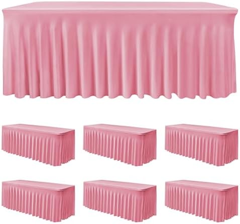 6 Pack Pink Spandex Table Covers 6ft Rectangle Ruffle Skirts for Party by HolidayIdeas