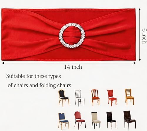 Pack of 50 Spandex Red Chair Sashes Bows Wedding Chair Bands Silver Buckles - Image 3