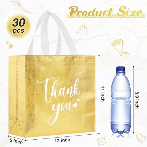 Sweetude 30 Thank You Non Woven Gift Bag, 11 x 12 x 5 Inch, Gold - Image 3