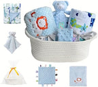 CREVENT Baby Welcome Gift Set Storage Basket with 2 Blankets+ 1 Security Blanket + 1 Taggie + 1 Gift Bag with Ribbon (Blue) by CREVENT