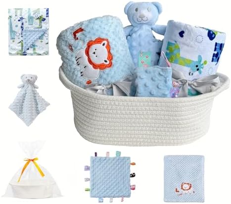 CREVENT Baby Welcome Gift Set Storage Basket with 2 Blankets+ 1 Security Blanket + 1 Taggie + 1 Gift Bag with Ribbon (Blue) by CREVENT
