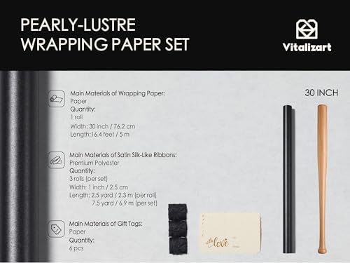 Vitalizart Black Wrapping Paper Set 30" Pearly-Lustre Ribbons & Gift Tags - Image 2
