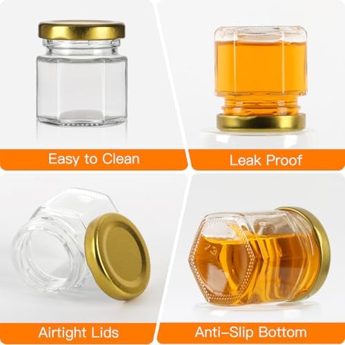 1.5 oz Mini Hexagon Glass Honey Jars 40 Pack, Gold Lids with Dipper & Jute - Image 3