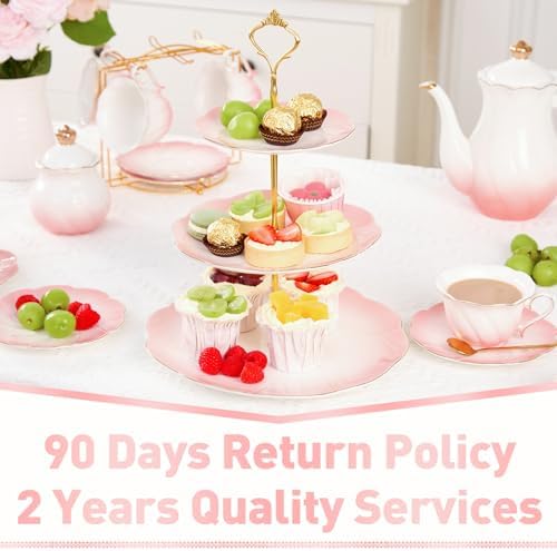 DUJUST Luxury Larger 3-Tier Cupcake Stand Tower, British Style Porcelain Serving Tray with Golden Trim, Food Grade Dessert Display Stand for Tea Party & Home Décor - 45% Gradient Pink Larger Plates - Image 6