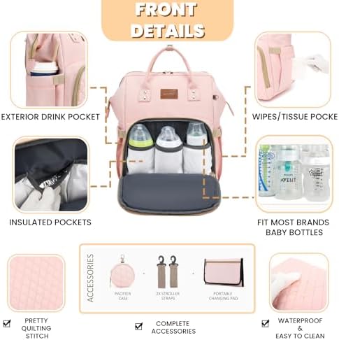 ROSEGIN Pink Diaper Bag Backpack for Baby Girls - Baby Shower Gifts for Mom, Quilted Diaper Bag with Changing Pad, Pacifier Case, Insulated Pockets, Stroller Straps, 35L Large Capacity - Cute - Image 3