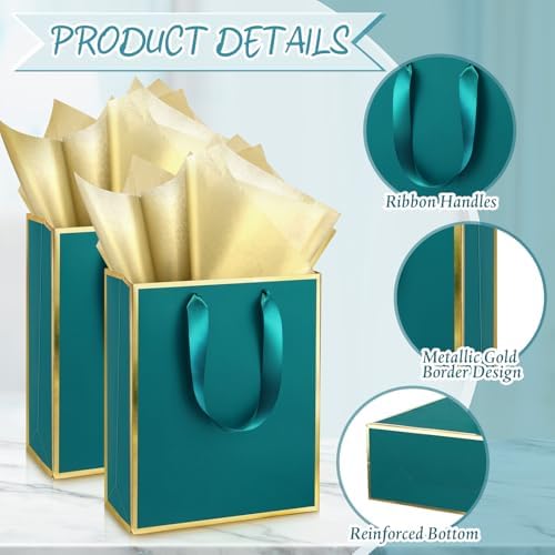 Yeaqee 50 Pcs Metallic Paepr Gift Bags Bulk with Handles,Turquoise Gold - Image 3