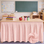 Tingjoo Pastel Pink 9 ft X 30'' Teacher Desk Skirts Linen Textured Desk Tablecloth Skirts Pleated Office Decor Back to School Supplies for Classroom School Office Rectangular Round Table Cover by Tingjoo