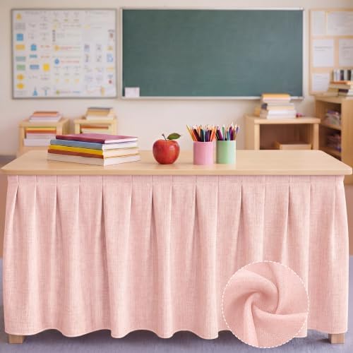 Tingjoo Pastel Pink 9 ft X 30'' Teacher Desk Skirts Linen Textured Desk Tablecloth Skirts Pleated Office Decor Back to School Supplies for Classroom School Office Rectangular Round Table Cover by Tingjoo
