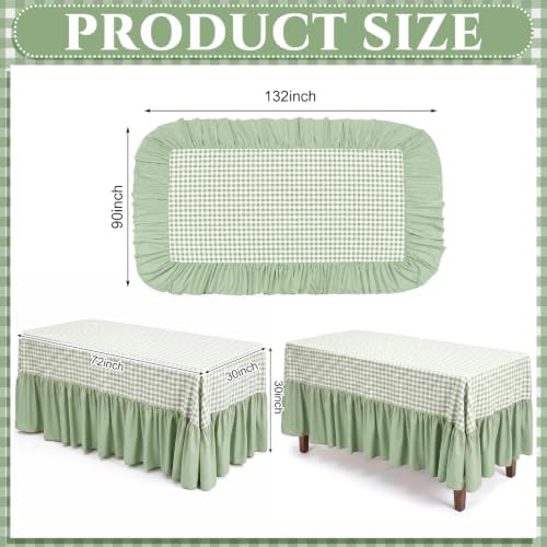 Sage Green Gingham Tablecloth Plaid Ruffled Table Skirt, 132 x 90'' - Image 2