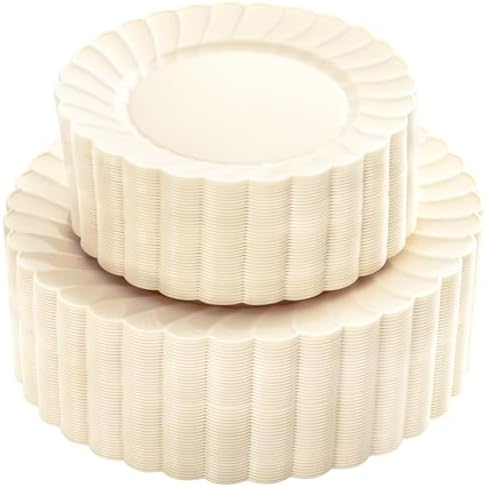YOUBET 100PCS Ivory Scalloped Plastic Plates for Wedding Party by YOUBET
