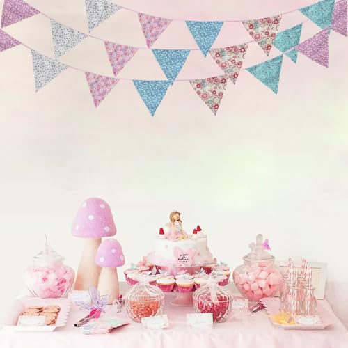 Zwiebeco 32Ft Pink Blue Purple Floral Fabric Bunting Triangle Flag Cotton Flower Pennant Banner Decoration for Birthday Wedding Engagement Baby Shower Tea Party Spring Rustic Village Home Garden Décor - Image 4