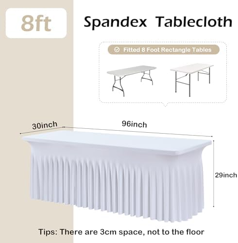 12 pk White Spandex Table Cloth Rectangle 8ft with Ruffle Skirt,Wrinkle Free High-Stretch Fitted Tablecloths for 8 Foot Rectangle Tables,Elastic Spandex Table Covers 8 ft for Parties Weddings Banquet - Image 4