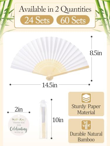 Cosweet 60 Set Wedding Hand Fans with Thank You Tags, Organza Bags - Image 2
