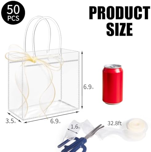 WDSHCR 50 PCS Clear Plastic Gift Bags with Handles, Party Favor Bags with Ribbons, Reusable Goodie Tote Bags for Wedding, Baby Shower, Birthday (Clear 6.9 x 6.9 x 3.7, 50 Pack) - Image 2