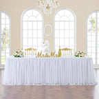 252in White Tulle Table Skirts for Rectangle Tables 8ft, 2-Layer Gold Grim Ruffle Tulle Tutu Cloth Table Skirt 21ft Long for Wedding Birthday Party Baby Shower Cake Dessert Tables(No Table Cover) by ENJOYYOURPARTY