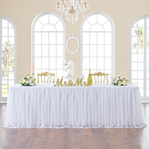 252in White Tulle Table Skirts for Rectangle Tables 8ft, 2-Layer Gold Grim Ruffle Tulle Tutu Cloth Table Skirt 21ft Long for Wedding Birthday Party Baby Shower Cake Dessert Tables(No Table Cover) by ENJOYYOURPARTY