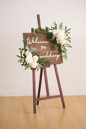 2pcs Champagne & White Deluxe Welcome Sign Artificial Flowers Wedding Backdrop Garland Hanging Floral Arrangements for Ceremony Reception Entryway Board Sweetheart Table - Image 2