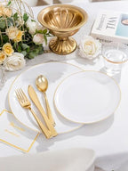 WDF 150Pcs White and Gold Plastic Plates - Gold Plates Disposable-25 Guest Disposable Dinnerware Include 25 Dinner Plate 25 Dessert Plate 25 Cutlery 25 9oz Cups for Wedding/Birthday/Thanksgiving - Image 2