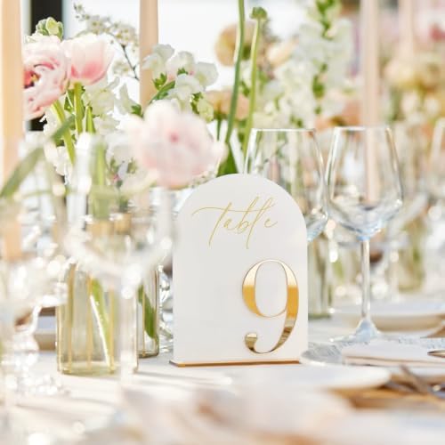 HOODO White Arch Acrylic Wedding Table Numbers 1-20 with Stands, 5"x7" Arched Acrylic Signs with 3D Gold Numbers, White 3D Table Numbers for Wedding Reception - Image 2