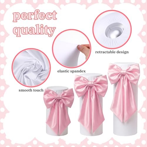 SmoothNovelty 3 Pcs Pink Bow Cylinder Pedestal Stand Covers Spandex Flexible Display Pedestal Covers Round Plinth Pillar Wrap for Birthday Party Wedding Baby Shower Decor - Image 3