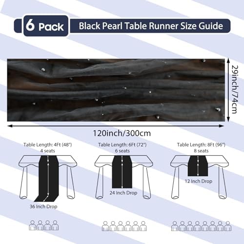 Set Of 6 Pearl Table Runner 10ft, 29 X 120 Inch Black Table Cloth Pearl Sheer Tulle Table Cover For Wedding Party Baby Shower Birthday Home Decor - Image 2